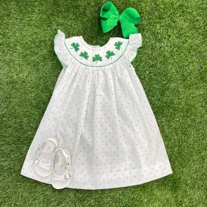 Shamrock Smocked Bishop Dress in Polka Dots - St. Patrick's Day