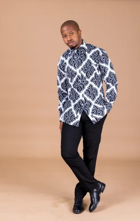 Smart Men Long-sleeved Shirt | Black and White African Print