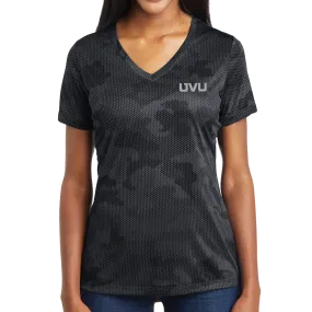 Sport-Tek Ladies CamoHex V-Neck Tee- Mono Reflective