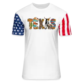 Texan Pride Unleashed: American Flag Sleeve Shirt with Iconic Texas Icons