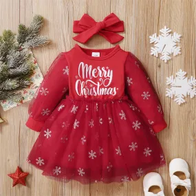 Toddler Girls Christmas Printed Red Mesh Stitching Long-sleeved Dress