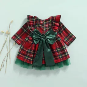 Toddler Kids Girls Long-sleeved Plaid Large Bow Mesh Christmas Dress