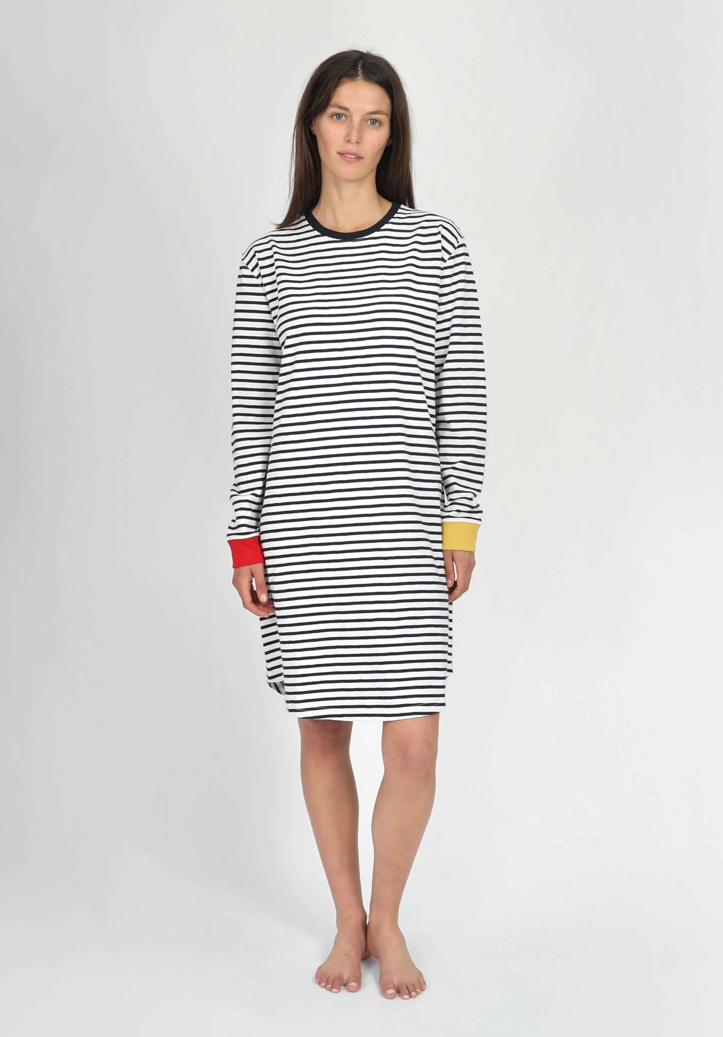 Twyla T-Shirt Dress in White & Navy Striped Jersey Colorblock