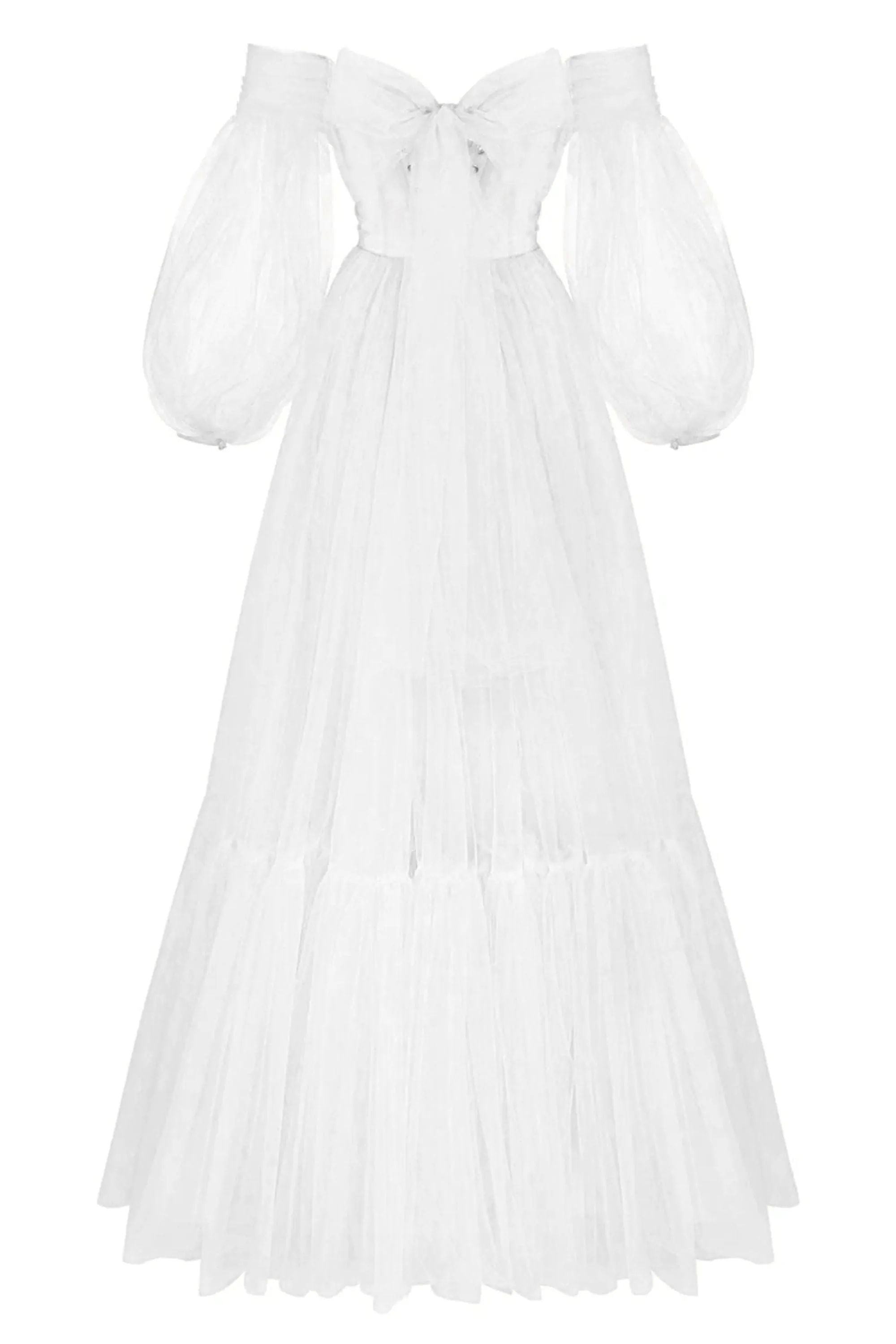 White Sheer Sleeves Maxi Tulle Dress