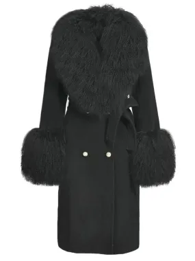 Women’s Belted Lambswool/Shearling Wool Cashmere Coat, Black