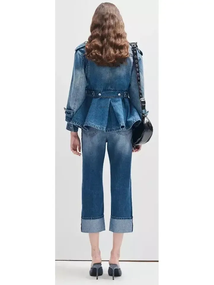 Women’s Blue Denim Tiered Peplum Jacket