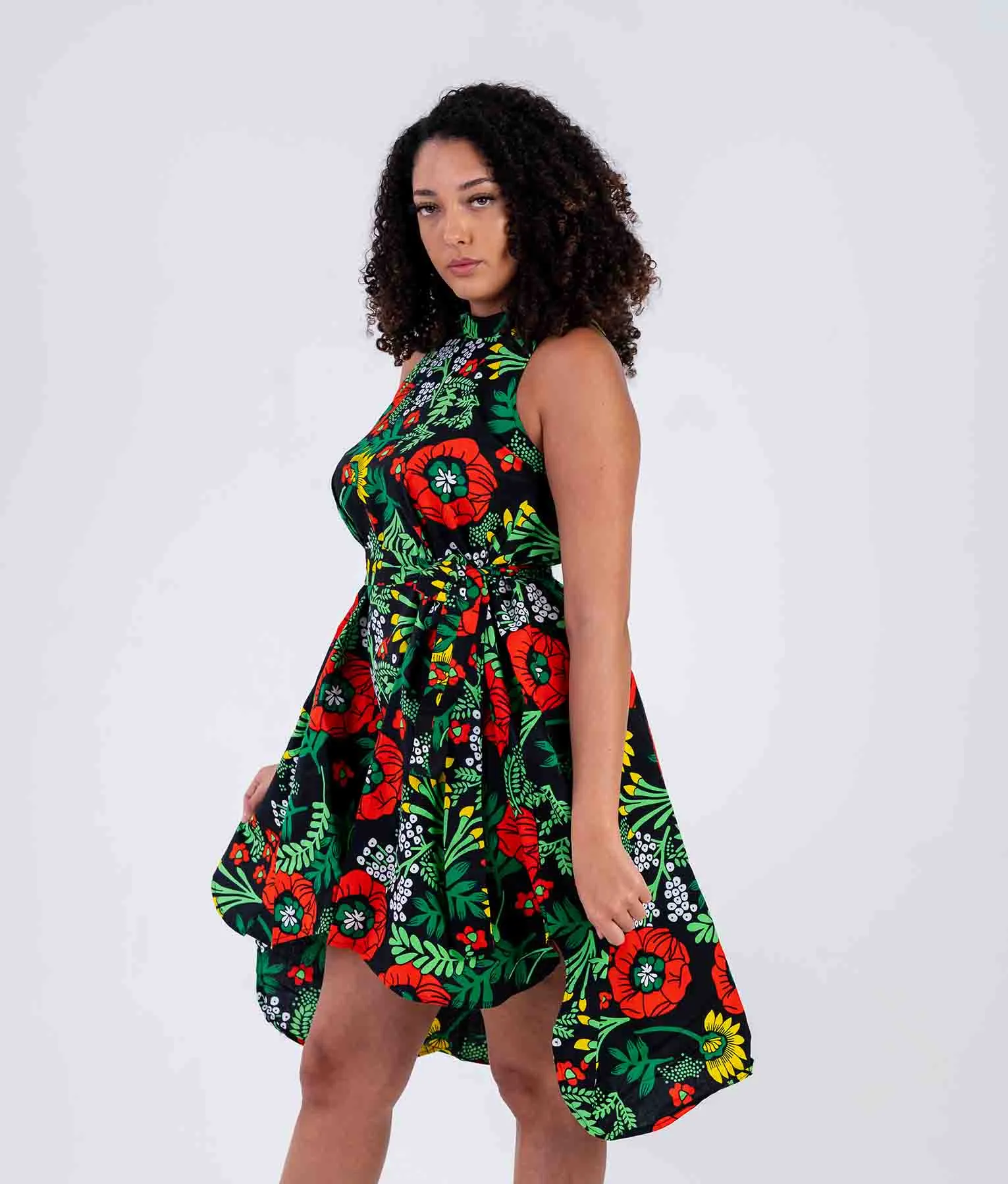 Zinny Ankara Sleeveless Dress | Green and Red African Print