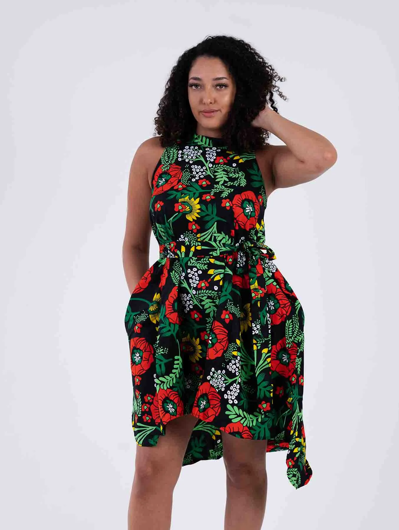 Zinny Ankara Sleeveless Dress | Green and Red African Print