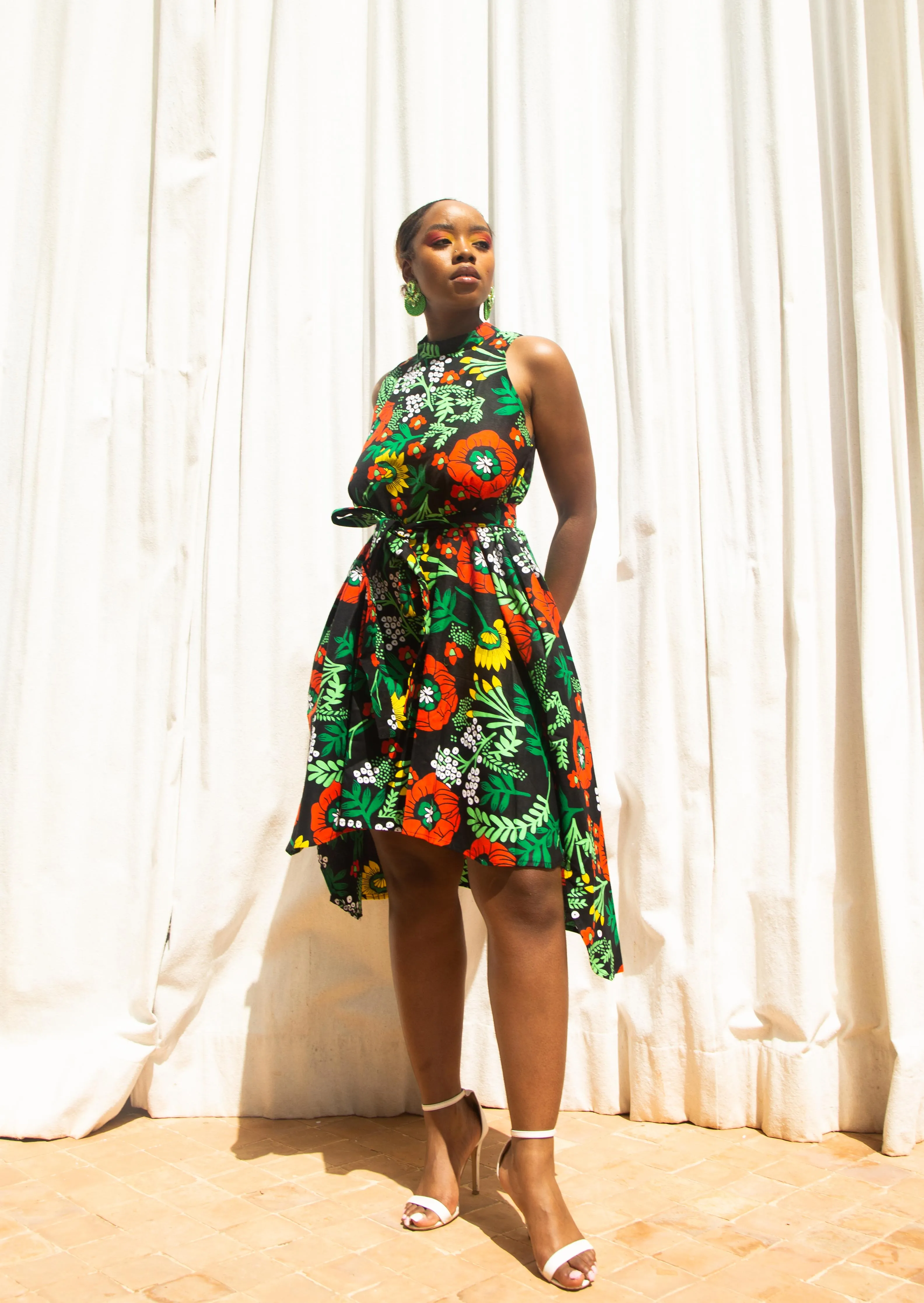 Zinny Ankara Sleeveless Dress | Green and Red African Print