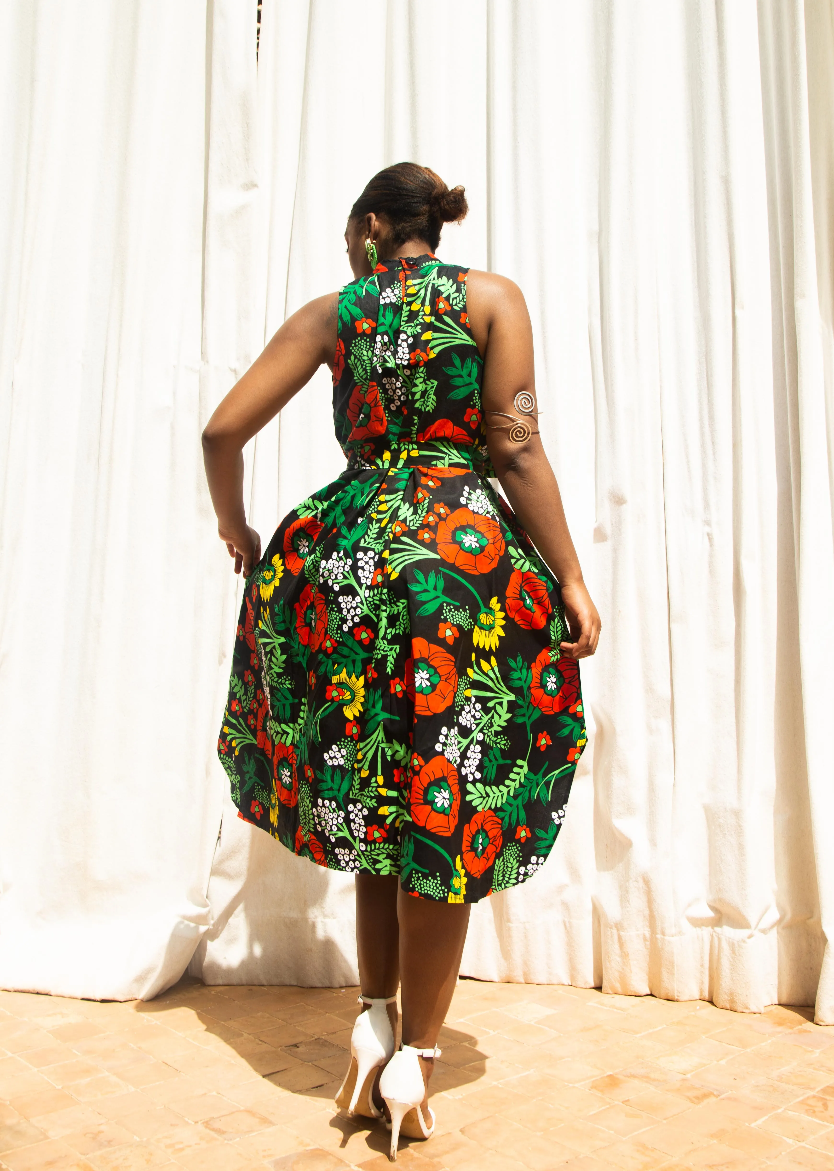 Zinny Ankara Sleeveless Dress | Green and Red African Print